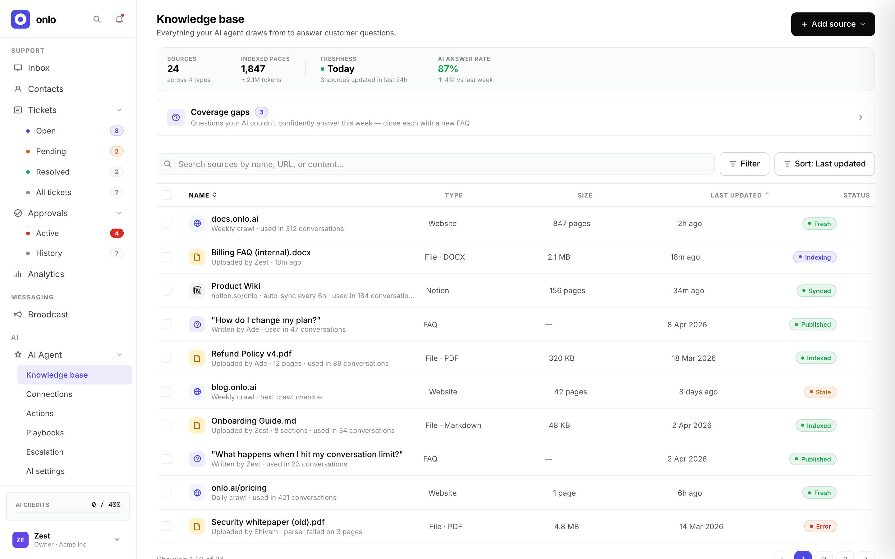 Onlo Knowledge base screen showing connected sources and indexing status
