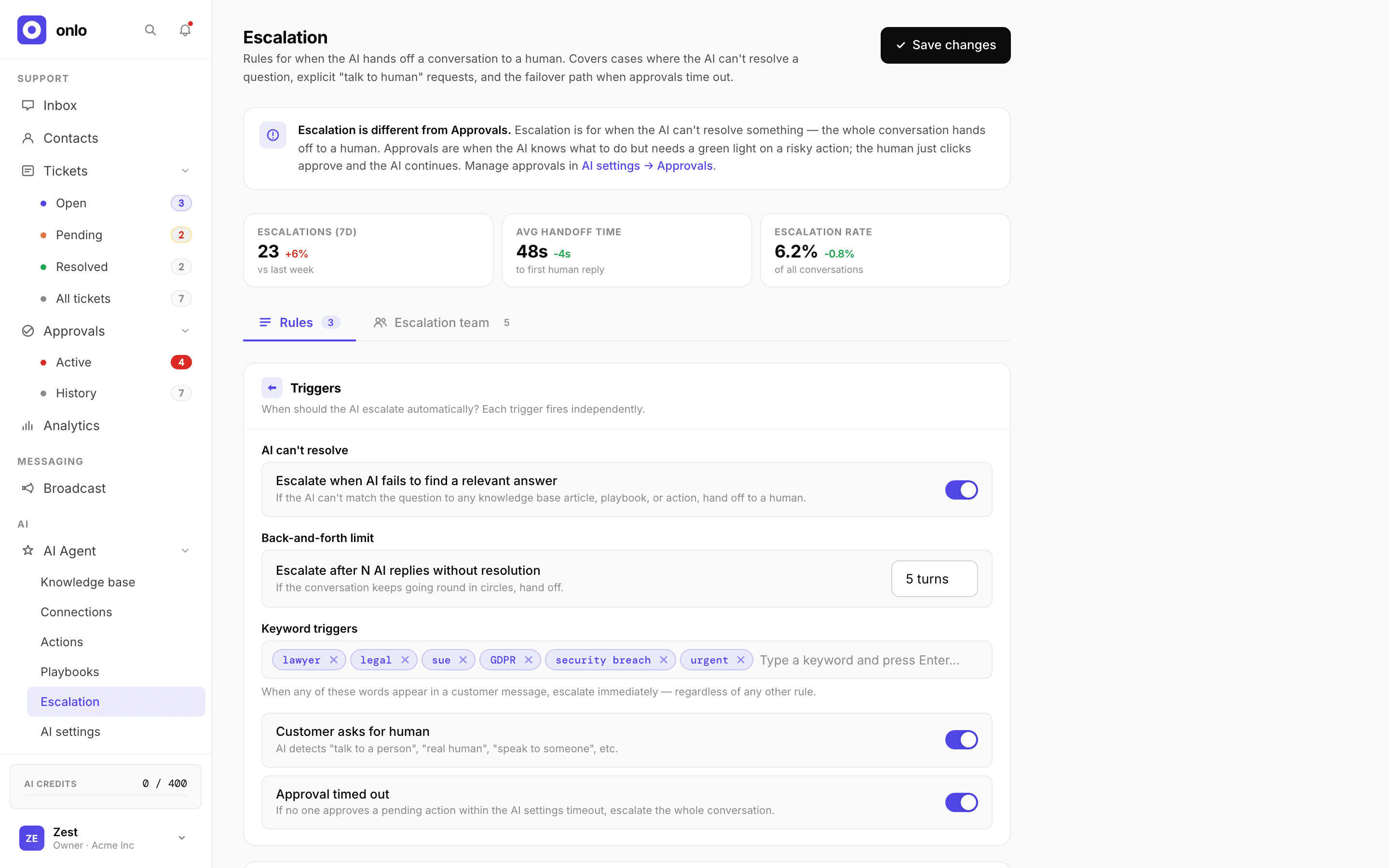 Onlo Escalation screen showing signal-based triggers and the AI can’t resolve toggle