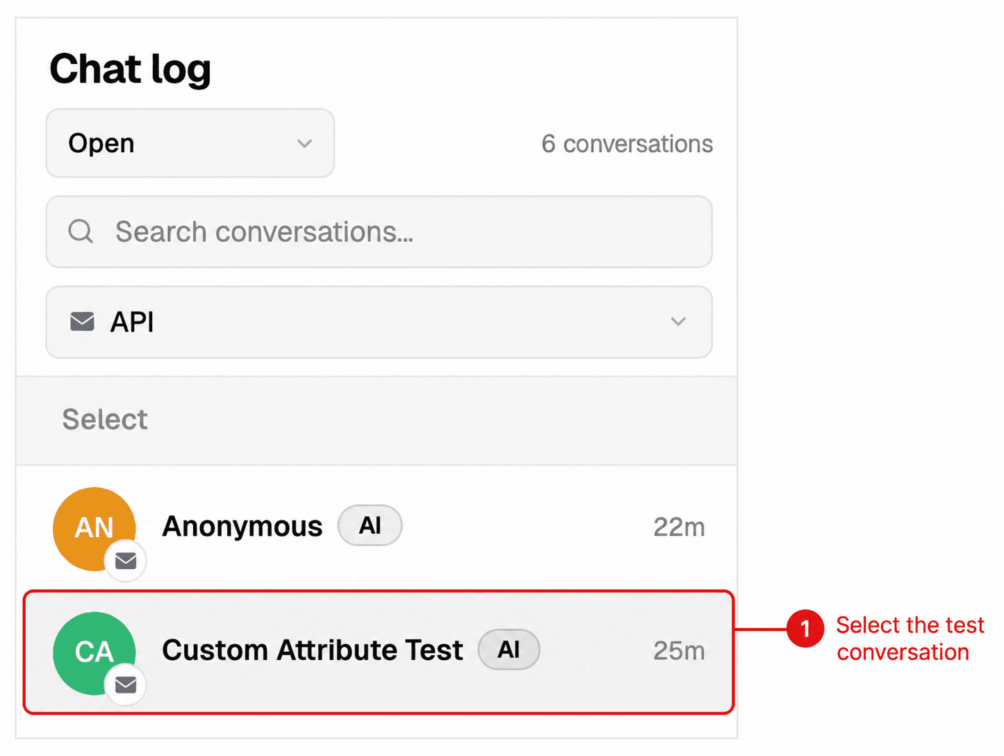Focused Onlo Inbox screenshot marking the test conversation to select