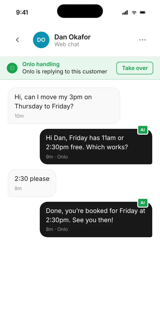 Onlo mobile app showing the AI agent rebooking a customer in a web chat, with a Take over button for the team